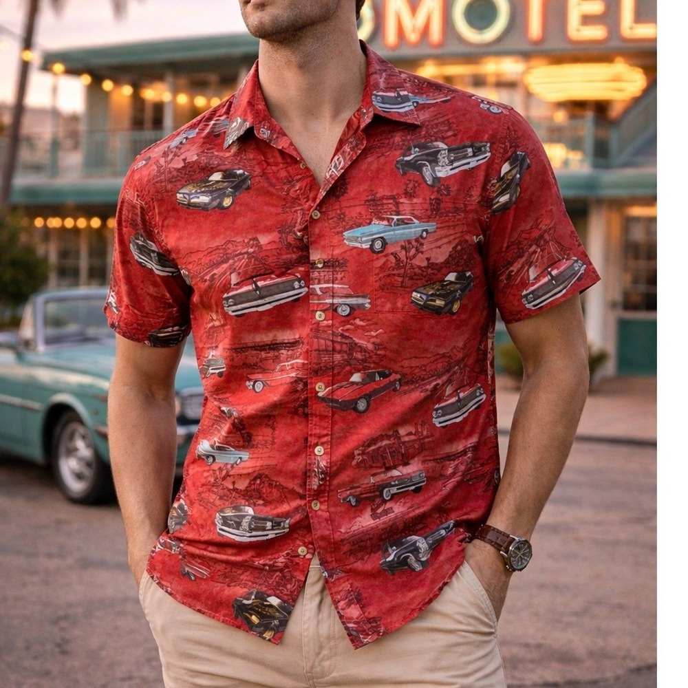 David Carey Originals Classic‎ Cars Button Up Red General Motors GM Mens Size M